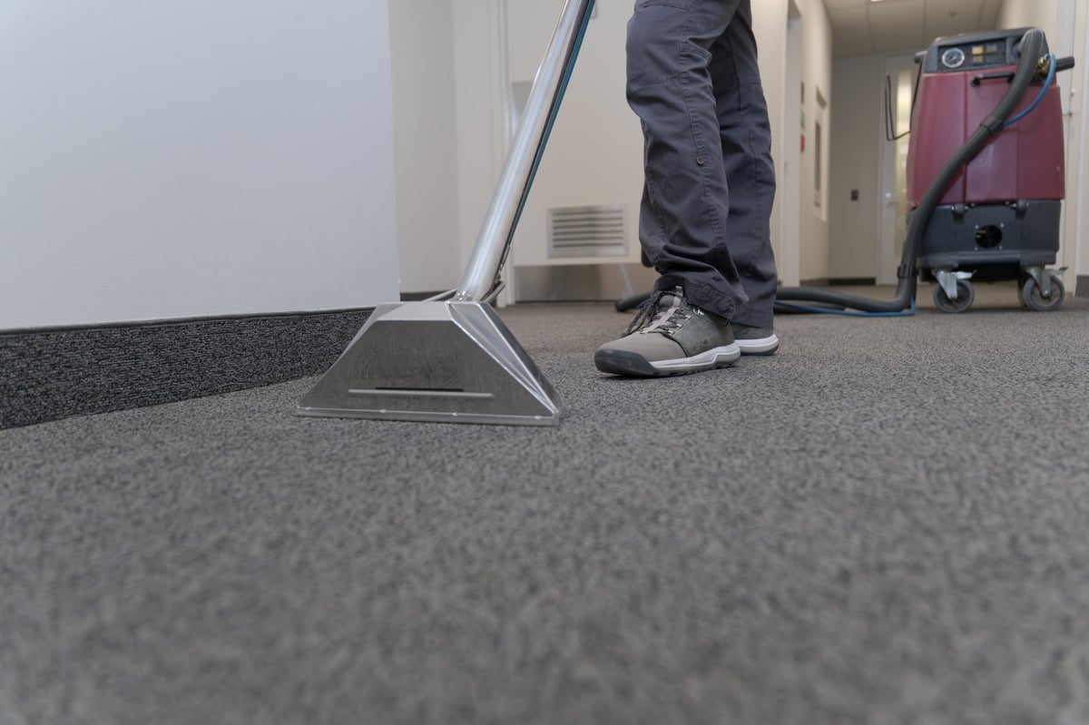 Cleaner steam-cleaning a carpet with a professional machine